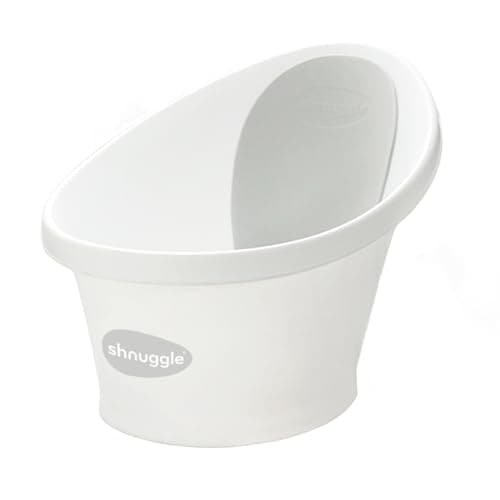 Image of Shnuggle Baby Bath Tub Featuring Ergonomic Bum Bump Support, Soft Foam Backrest and an Integrated Plug. A Compact, Space-Saving Bathing Solution for Newborns up to 12 Months - White