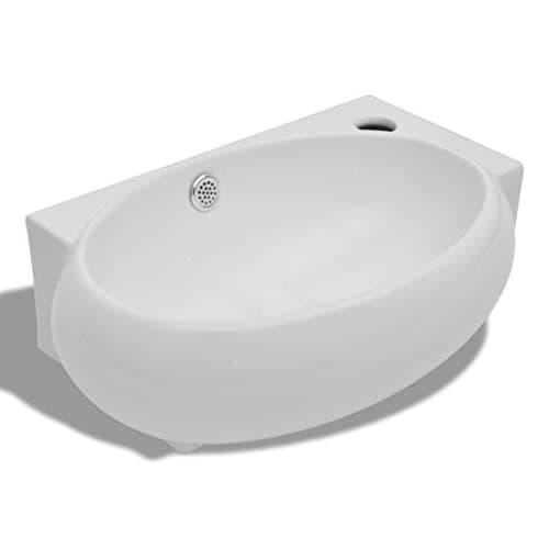 Image of vidaXL White Ceramic Bathroom Sink Basin - Fade- and Durable, with Overflow Hole, Suitable for Countertop or Wall Mounted Installation