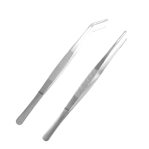 Image of Bent Blunt Tweezers 14cm/5.5in Stainless Steel Professional Non-Slip Long Straight and Angled Tweezers Set for Aquatic Pets or Corals and Crafting Cooking Repairing,2Pcs