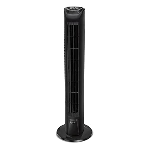 Image of Igenix DF0035TBL Oscillating Tower Fan with 7.5 Hour Timer and Remote Control, 45 W, 3 Speed Settings and Quiet Operation, Plastic, Black