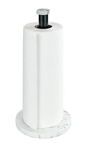 Image of WENKO Kitchen roll holder marble, standing kitchen roll holder in elegant marble look for the kitchen, with base made of plastic and black bar made of metal, (W/D x H): Ø 15 x 32 cm, white