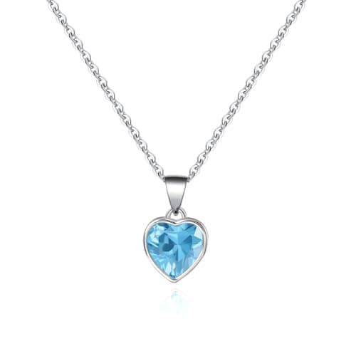 Image of Heart Pendant Necklace for Women, Blue Aquamarine Crystal, Sterling Silver Chain, March Birthstone