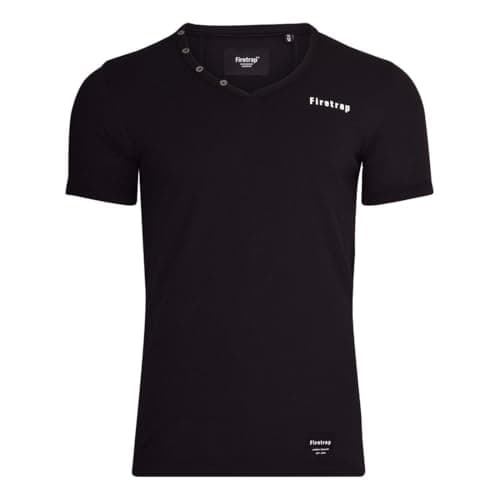 Image of Firetrap Mens Spirit V Neck T-Shirt Short Sleeves Buttoned Collar Ribbed V-Neck Top Casual Clothing Black S