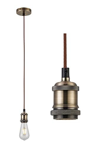 Image of Antique Brass Textile Braided Brown Wire Cable Suspension, E27 Bulb Holder and Ceiling Rose