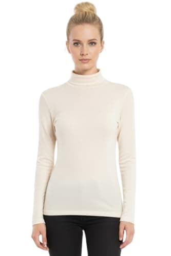 Image of STAR FASHION Womens Polo Neck Jumper Tops Long Sleeve Ladies Roll Turtle Neck Plain Knitted Pullover Sweatshirt for Ladies Stretch Lightweight Sweater Top Cream 12-14