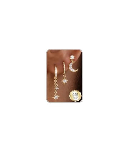 Image of HANLI 3 Pairs Star Moon Gold Earrings Set for Women Hypoallergenic 14K Gold Plated Cubic Zirconia Earrings Stacks Stud Huggie Hoops Earring Sets for Multiple Piercings Jewellery for Her
