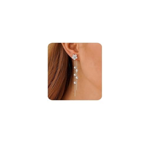 Image of MUMREUES Silver Earrings for Women Trendy 14k White Gold Plated Flower Dangly Earrings Cubic Zirconia Long Pearl Drop Earrings Hypoallergenic Tassel Dangle Earrings Jewelry Gifts for Her