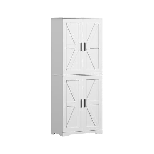 Image of 4 Doors Storage Kitchen Cupboard, Wooden Collection Food Pantry Cabinet with 4 Adjustable Shelves Freestanding Sideboard Organizer Unit for Living Room, Bedroom, Kitchen and Hallway (White)