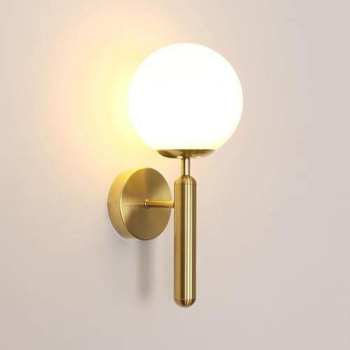 Image of Comely Indoor Wall Lamp, E27 Wall Sconce Lights with Milky Glass Lampshade, Gold Finish Wall Lighting Fixtures for Bedroom Living Room Restaurant Kitchen Stair