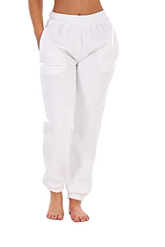 Image of Womens Basic Fleece Joggers Regular Tracksuit Bottom Cuffed Ankle Cotton Blend White