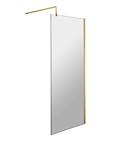 Image of nuie WRSCBB076 Modern Bathroom 8mm Toughened Safety Glass Wetroom Screen with Support Bar, 760mm, Brushed Brass