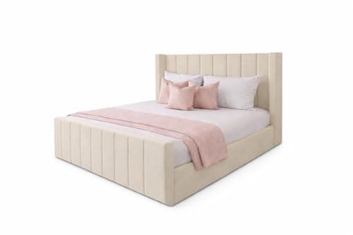 Image of Royal Wingback Bed Frame | Double King SuperKing Size | Fully Upholstered Luxury Bed | Optional Gas Lift & Mattress (Cream Plush, Double 4ft6 Bed Frame)