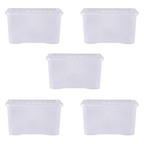 Image of Wham Crystal 5 x 60L Stackable Plastic Storage Boxes with Lids | Ideal for Home, Office, Toys & More | Large Boxes | Made in UK - Clear