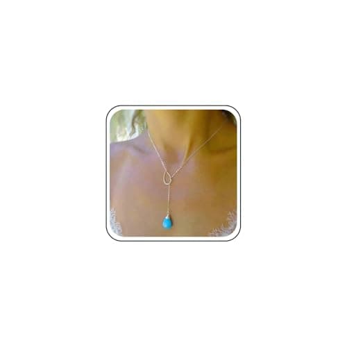 Image of Aneneiceera Vintage Teardrop Turquoise Y Necklace Silver Turquoise Pendant Necklaces Blue Gemstone Y Drop Necklace Minimalist Turquoise Circle Choker Necklace Chain Jewelry for Women