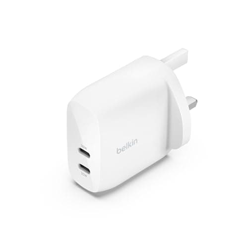 Image of Belkin BoostCharge dual USB-C plug with PPS, 60W phone charger for iPhone 17/16 iPad, Samsung Galaxy, Google Pixel, MacBook - compatible w/ USB-C to lightning cable & USB-C to USB-C - white