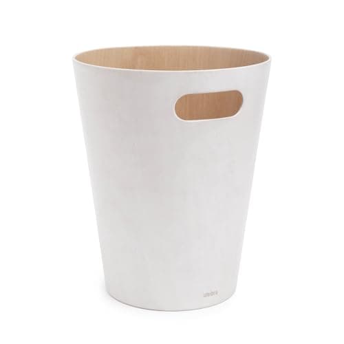 Image of Umbra Woodrow 2-Gallon Modern Wooden Trash Can Wastebasket, Attractive Bin for Garbage or Recycling, Suitable for Home or Office, White/Natural