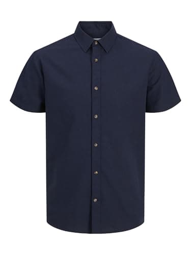Image of JACK & JONES Mens Cotton Shirts, Short Sleeve Button Down Summer Polo Shirts for Men UK, Navy Colour, Size S