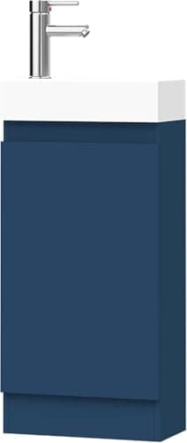 Image of BELOFAY 400mm Floor Standing Bathroom Vanity Unit With Basin - Slim Waterproof Laquered Cloakroom Vanity Unit with 1 Tap Hole Ceramic Basin & Waste | Reversible Tap Fitting (Denvor Blue)