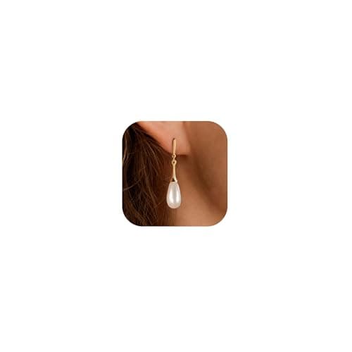 Image of HANLI Pearl Earrings for Women - Sterling Silver 14K Gold Plated Dainty Stud Teardrop Drop Dangle Hypoallergenic Earring Trendy Wedding Bridal Jewelry