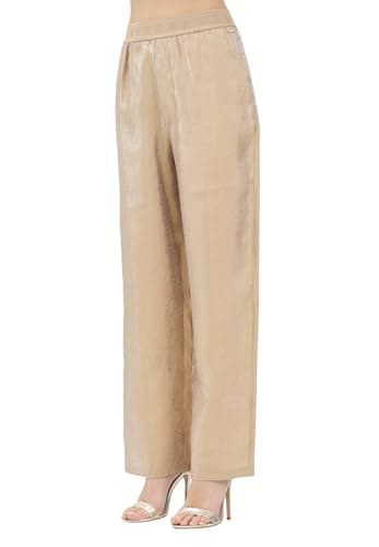 Image of Armani Exchange Elegant Beige Women's Trousers with Shiny Finish and Monogram Pattern, beige, 8