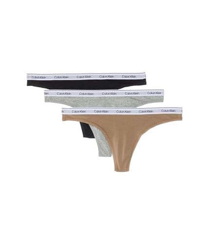 Image of Calvin Klein Women's Modern Logo Thong Pack of 3, Black/Grey Mottled/Cafe Fun, L