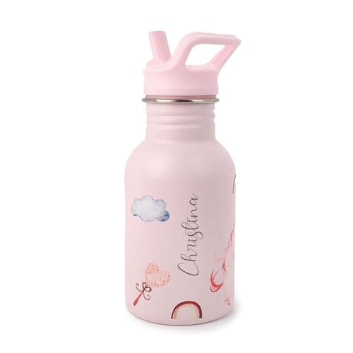 Image of J.Børn Personalised Bottle With Straw For Kids 350ML | Hand-Painted Designs | Single-Skinned, Food-Grade Stainless Steel Bottle | Light Weight Water Bottle | Leak-Proof Bottle (Unicorns)
