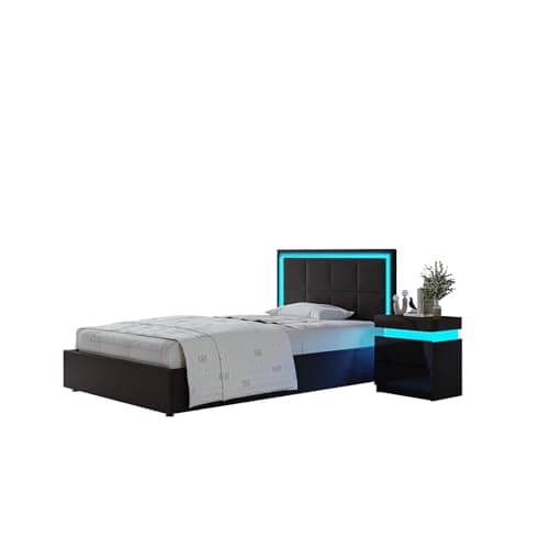 Image of Bed Frame with Storage, 3FT Single Faux Leather Bed, Ottoman Gas Lift Storage Bed Frame, LED Single Size Bed for Bedroom Home, Black
