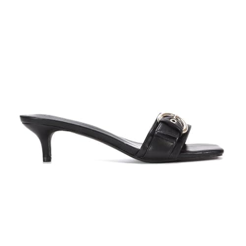 Image of ESSEX GLAM Women's Kitten Heel Mule Sandals Ladies Buckle Detail Black Faux Leather Slip On Classic Open Square Toe Shoes Size 3