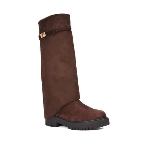 Image of ESSEX GLAM Women's Fold Over Knee High Boots Ladies Brown Faux Suede Riding Biker Chunky Sole Size 3