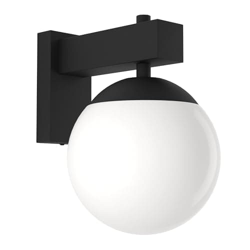 Image of Eglo LED Outdoor Wall Light Fixture Bufalata, External Porch lamp, Globe-Shaped Outside Spotlight, Black Metal and White Plastic, E27 Socket, IP44