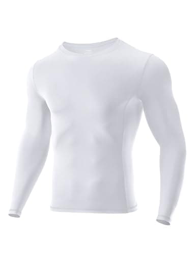 Image of Niksa Men's Compression Long Sleeve T Shirt Muscle Fit Gym Top, 1 Pack Breathable Quick Dry Base Layer for Running Training Cycling Work, Slim Crew Neck Active Wear Clothes, White, L