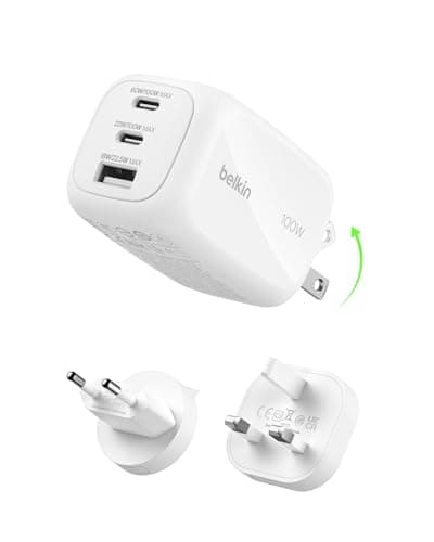 Image of Belkin 3-Port USB-C Plug 100W, GaN Wall Charger with 2x USB-C & 1 USB-A Ports, Plug Tips included for EU/UK/US, Fast Charging for MacBook, iPhone, iPad Pro, Samsung Galaxy, Google Pixel, etc - White