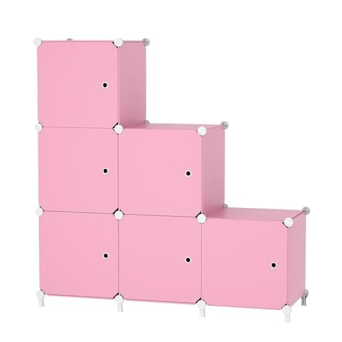 Image of ATTDETJL 6-Cube Storage Unit with Doors, Cube Organizer for Bedroom, Wardrobe & Under Stairs, 30x30x30cm Compartments, Space-Saving Closet Storage, Pink ATTSL6006