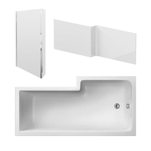 Image of nuie SBATH13 Modern Bathroom L Shape Square Shower Bath Set with Screen and Front Panel - Left Hand, 1600 x 850 x 390mm, White/Chrome