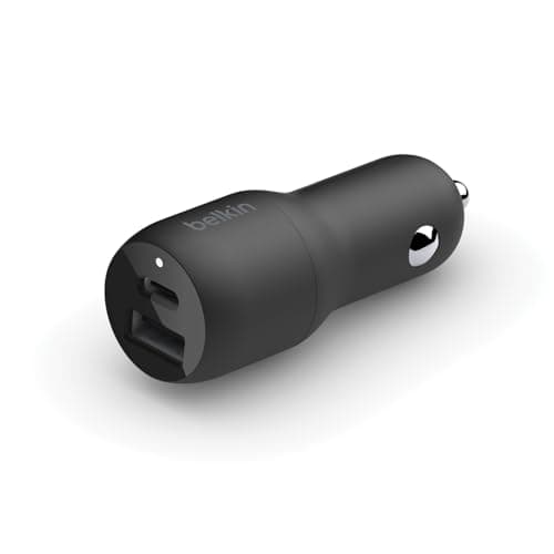 Image of Belkin 37W Dual Port Fast Car Charger, USB Type C 25W PPS and USB A 12W for Samsung Galaxy S23, S22, Ultra, 5G, Plus, Note 20, iPhone 14, 13, 12, Pro, Max, Mini & More - Black 12 Volts