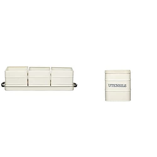 Image of KitchenCraft Living Nostalgia Indoor Metal Herb Pots and Tray Set, 39 x 12 x 10 cm - Antique Cream & Living Nostalgia, Kitchen Utensil Holder, Metal, 15 x 16 cm, Antique Cream