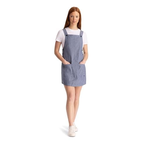 Image of Trespass Womens Pinafore Dress Twirl - Corduroy, Button Fastening Straps, Button Fastened Sides, 2 Front Patch Pockets, 100% Cotton Navy Chambray
