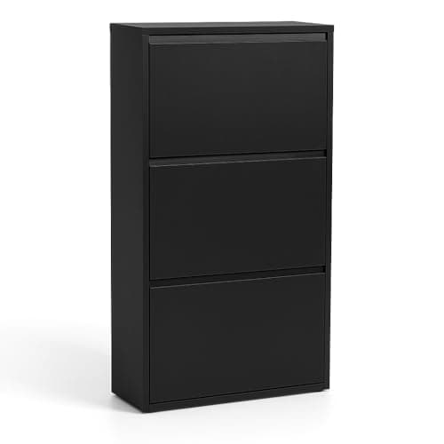 Image of formood 3 Tier Metal Shoe Cabinet – Slim 15cm Wall Mounted Storage Cupboard with Pulldown Doors, Holds 6–9 Pairs, Modern Hallway & Entryway Organiser - Matte Black