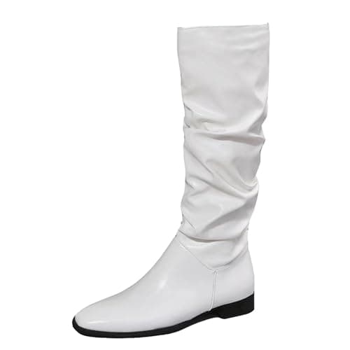 Image of Generisch Womens Fashion Plain Wrinkled Pointed Toe Flat Long Leather Boots, White, 9 UK