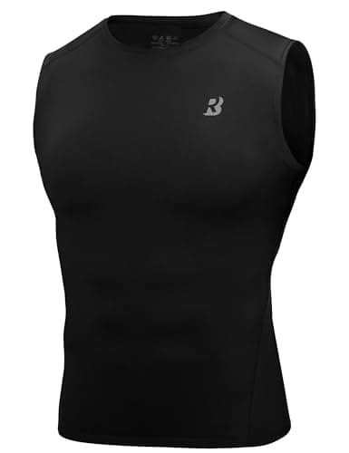 Image of Roadbox Men's Compression Vest Sleeveless Base Layer, Reflective Mesh Back Running Top for Gym Football Rugby - Cool Dry Moisture Wicking Athletic Undershirt Black