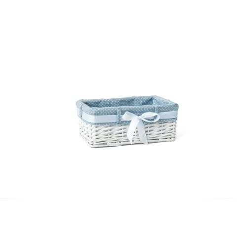 Image of Woodluv Rectangular White Willow Wicker Hamper Storage Basket-With Blue Fabric & Ribbon (Gift Hamper Basket) -SMALL