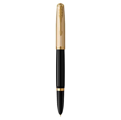Image of Parker 51 Fountain Pen | Deluxe Black Barrel with Gold Trim | Fine 18k Gold Nib with Black Ink Cartridge | Gift Box