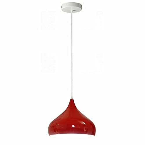Image of LEDSone Modern Hanging Pendant Light Fitting, Industrial Single Loft Ceiling Adjustable Lamp with Retro Shiny Metal Large Light Shade, E27 Base 1m Pendant for Living Room, Kithcen Island (Red)