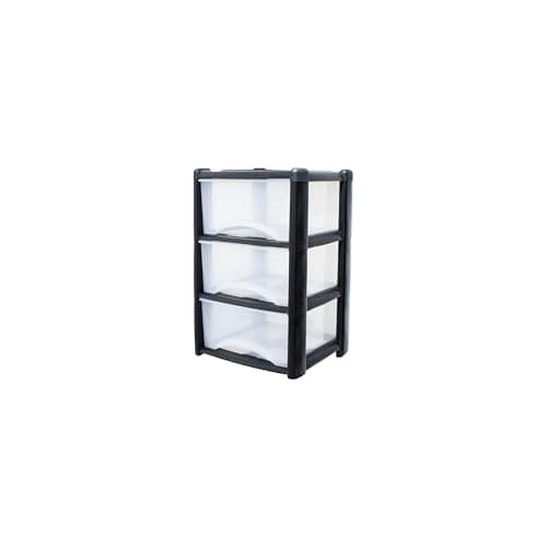 Image of Neat. 3 Plastic Storage Drawers Unit with See-Through Drawers, Compact Vertical Design – Durable Plastic, Ideal for Organizing Office Crafts, and Household Items, 60cm x L39cm x W39cm - Black/Clear