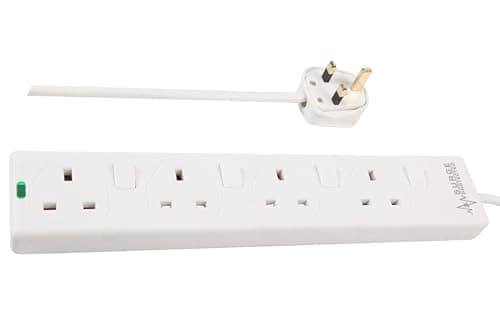 Image of ShaniTech 4 Gang Way, 1m Metre, 13A, Surge Protected, Individually Switched, Mains Power Extension Socket Lead Cable, Wall Mountable, White