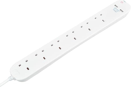 Image of Masterplug 6 Gang Extension Lead with 2 x USB Charging Sockets, 1 Metre, White