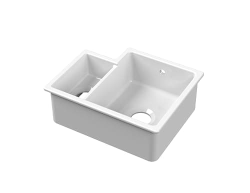 Image of Balterley 549mm White Kitchen Sink, Right Hand Undermount Double Bowl with Overflow Hole, Durable Fireclay Ceramic Kitchen Sink Bowl, Undermount Sinks for Kitchens - 549 x 441 x 195mm (Glossy White)