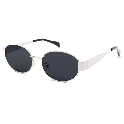 Image of LOJUDI Retro Oval Sunglasses Womens Mens - Round Vintage Metal Frame UV400 Protection-Silver Frame/Black Lens