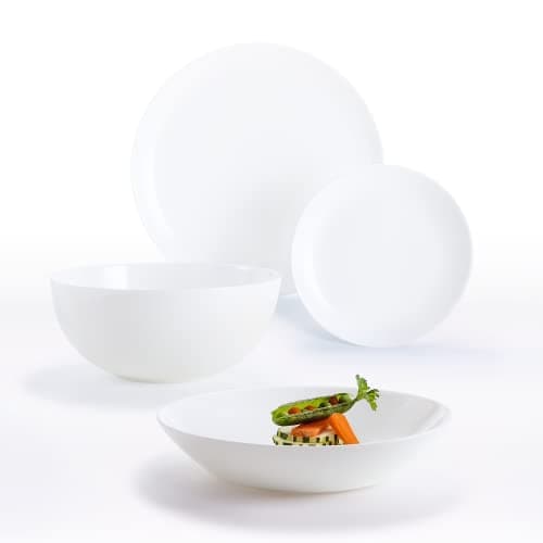 Image of Luminarc - Diwali Collection - 19-Piece Dinner Service in White Opal - 6 Flat Plates 25 + 6 Sauces 20 + 6 Dessert Saucers 19 + 1 Salad Bowl - Extra Resistant - Made in France