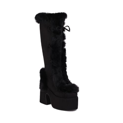 Image of Women's Cozy Faux Fur Knee High Boots Lace Up Platform Block Heels Warm Plush Lining Durable Non Slip Outsole Stylish Winter Casual Dress Boots,Black,6 UK